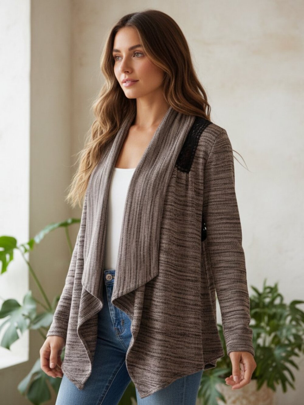 West Kei S Cardigan Sweater Taupe Brown Black Lace Boho Jacket Whimsigoth Earthy